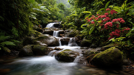 Fototapeta premium Flowing waterfall surrounded by lush green plants and vibrant flowers in a serene forest environment