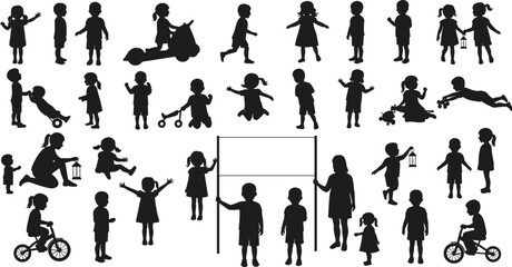 Children silhouette set, cartoon kids playing, walking, biking, holding toys and objects, vector illustration, childhood activity, interaction, expressive movement