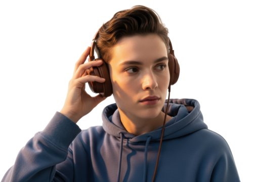 Androgynous young adult in deep blue hoodie, retro headphones, hand on ear, thoughtful gaze, transparent studio background, concept of creative introspection