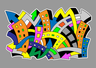 
 City graffiti streets houses urban style doodle hand drawn graphic illustration
