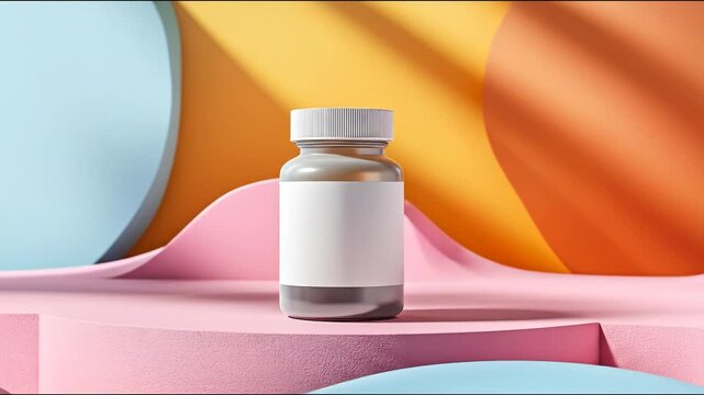 A minimalist product shot of a white bottle with a blank label, displayed on a pink podium against a pastel backdrop.