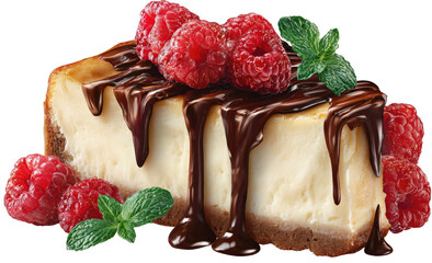 A slice of cheesecake topped with chocolate and raspberries