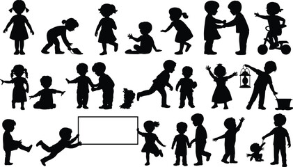 Children silhouette set, cartoon kids playing, running, reading, biking, holding hands, vector illustration, childhood activity, social interaction, expressive poses