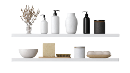 Minimalist shelf display with modern wooden storage unit decorative home interior furniture organizer isolated on white background