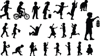 Children activity silhouette set, cartoon kids running, jumping, playing, biking, walking, vector illustration, childhood motion, expressive poses, outdoor fun
