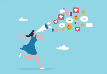 PR, public relation or marketing communication, advertising campaign or social media marketing, online promotion or email newsletter concept, young woman PR speak on megaphone on social media.
