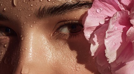 Beauty Shot of a Woman with Flawless Skin Holding a Pink Flower Near Her Eye with Water Drops