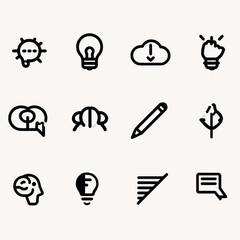 Collection of Black and White Icons Representing Creative Concepts and Ideas