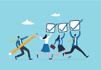 Checklist or checkmark for task completion, survey or questionnaire, finish work or accomplishment, get thing done or tick the checkbox concept, business people hold checklist and pencil to tick.
