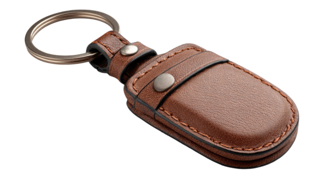 Leather key holder with metal ring stylish handmade accessory for organizing keys practical everyday item isolated on white background