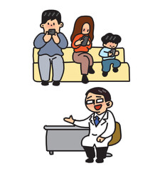 Vector cartoon illustration of people waiting in line to be called by the doctor.
