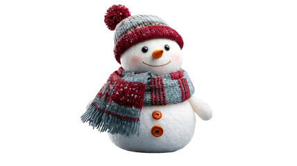 Festive snowman with scarf wearing winter hat cheerful holiday decoration traditional Christmas seasonal character isolated on white background