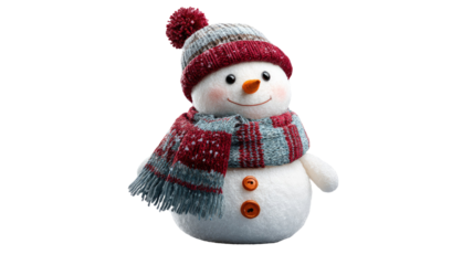 Festive snowman with scarf wearing winter hat cheerful holiday decoration traditional Christmas seasonal character isolated on white background