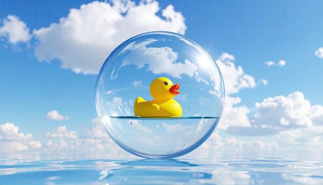 Yellow rubber duck floating serenely inside a clear water bubble against a bright blue sky with clouds. - Powered by Adobe