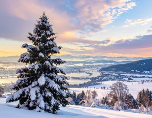 Winter wonderland panorama with snowy tree and city view