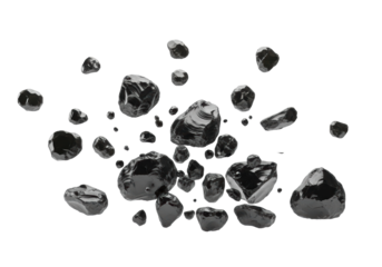 Numerous charcoal gray obsidian fragments with sharp edges and reflective surfaces falling and scattering with motion blur on a transparent studio background, emphasizing dynamic deconstruction and