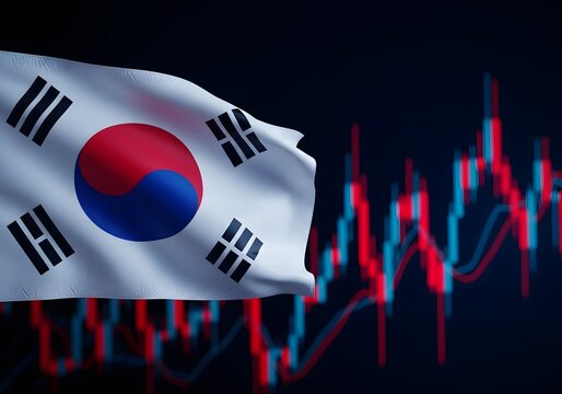 South korean flag waving over a stock market trading chart