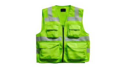 Green safety waist coat with reflective stripes protective clothing for worker visibility construction industrial hazard gear isolated on white background
