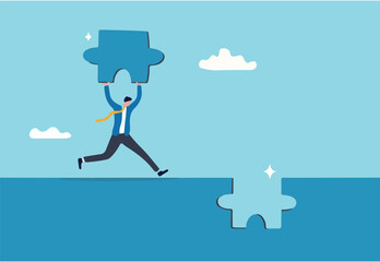 Complete jigsaw puzzle to solve business problem, solution or connection for business achievement, challenge and accomplishment concept, businessman complete last missing jigsaw puzzle piece.