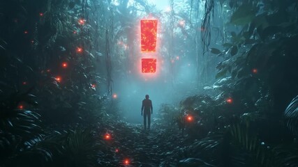 A lone figure stands in a misty jungle, illuminated by glowing symbols, evoking mystery and exploration