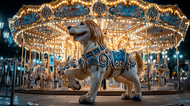 An ornate carousel with a galloping dog, surrounded by twinkling nighttime lights
