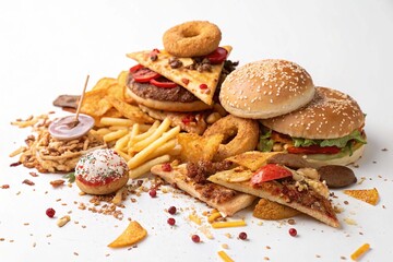Prepared unhealthy pile delicious food on white background