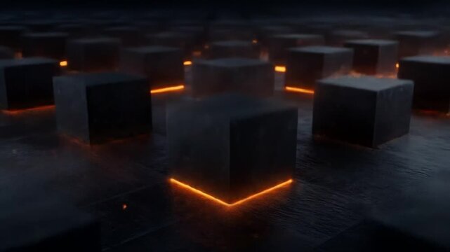 Dark, abstract blocks hover above textured plane, accented by soft orange luminescence