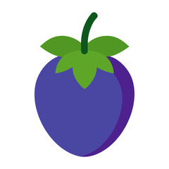 Simple flat icon of a purple eggplant with green stem and leaves