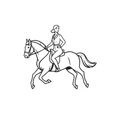 Black and white line art of a beautiful woman with perfect body riding horse elegant minimalist illustration