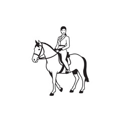 Black and white line art of a beautiful woman with perfect body riding horse elegant minimalist illustration