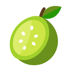 Stylized cut green feijoa fruit with seeds and leaf