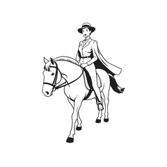 Black and white line art of a beautiful woman with perfect body riding horse elegant minimalist illustration