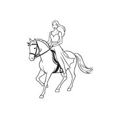 Black and white line art of a beautiful woman with perfect body riding horse elegant minimalist illustration