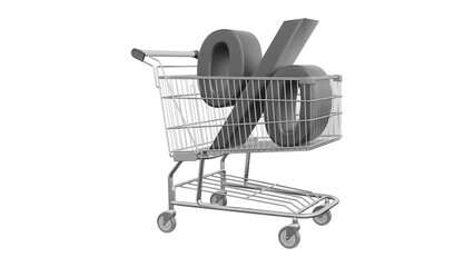 A shopping cart stands empty against a white background, with bold letters spelling out % for Black Friday above it, signaling a major sales event filled with discounts and bargains. PNG TRANSPARENT