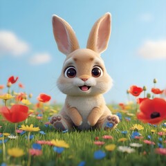 Rabbit in the meadow. 3D animation style cute cartoon rabbit sitting on green grass with flowers.