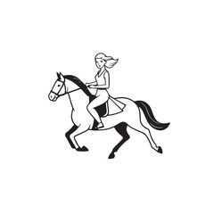 Black and white line art of a beautiful woman with perfect body riding horse elegant minimalist illustration