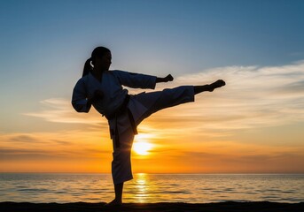 Silhouette Martial Artist Delivers A High Kick At Sunset On A Beach
