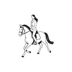 Black and white line art of a beautiful woman with perfect body riding horse elegant minimalist illustration