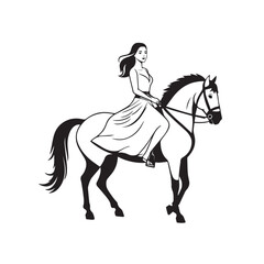 Black and white line art of a beautiful woman with perfect body riding horse elegant minimalist illustration