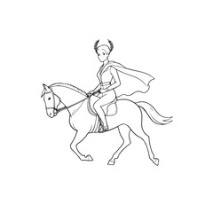Black and white line art of a beautiful woman with perfect body riding horse elegant minimalist illustration