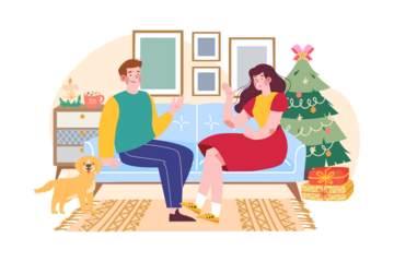 Cozy Holiday Scene of a Couple Sitting on a Blue Sofa with a Dog Near a Christmas Tree Vector Illustration on Transparent Background