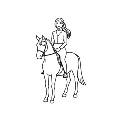 Black and white line art of a beautiful woman with perfect body riding horse elegant minimalist illustration