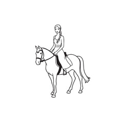 Black and white line art of a beautiful woman with perfect body riding horse elegant minimalist illustration