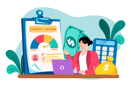 Credit Score Report Illustration with Woman at Desk on Transparent Background