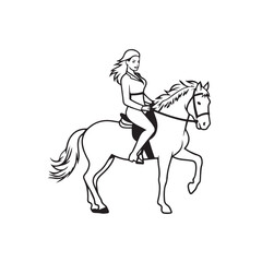 Black and white line art of a beautiful woman with perfect body riding horse elegant minimalist illustration