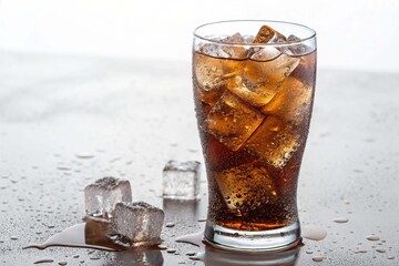 Glass of cola with ice on white background