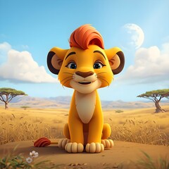 Lion in the savannah. 3D animation style cute cartoon lion sitting under the sun.