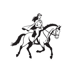 Black and white line art of a beautiful woman with perfect body riding horse elegant minimalist illustration