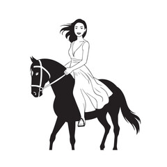 Black and white line art of a beautiful woman with perfect body riding horse elegant minimalist illustration