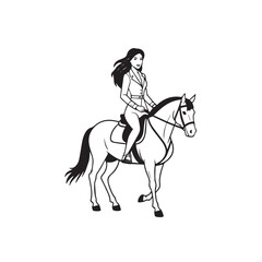 Black and white line art of a beautiful woman with perfect body riding horse elegant minimalist illustration
